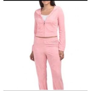 Juicy Couture Velour Tracksuit flamingo Pink Rhinestone Hoodie Pants Set Small